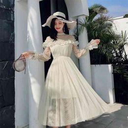 New Spring Autumn Women dress Flare Sleeve Patchwork Mesh Turtleneck Half A High-end French Lace Dresses Blue Apricot 9086 201025