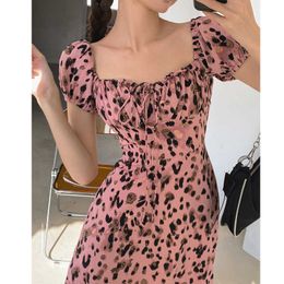 Elegant Women Pink Leopard Print Mini Dress Slash Neck Short Puff Sleeve Party Sundress Summer Sexy Beach Vacation Vestidos 210709