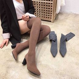 NIUFUNI 4 Colours Women's Over The Knee Sock Boots 2020 Autum Thick Heel Knitting Sock Boots Pointed Toe Elasitc Slim Botas Mujer Y0914