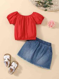 Baby Puff Sleeve Top & Bleach Wash Raw Hem Denim Skirt SHE