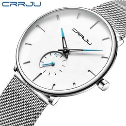 Mens Watches CRRJU Top Brand Luxury Men Quartz Watch Sliver Mesh Strap Casual Sport Watches for Mens Relogio Masculino 2150 210517