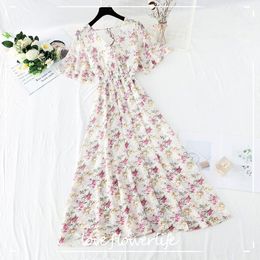 Elegant Summer Dress Women V-neck High Waist Floral Print Chiffon Long Dress Short Sleeve A-line Vintage Vestidos femme 210521