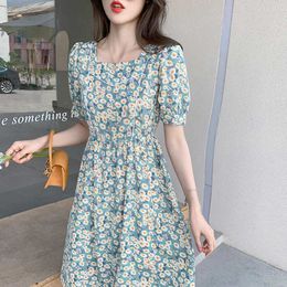 Vintage Floral Print Women Chiffon Dress Summer Square Neck Female Elegant A-line Vestidos Femme 210529