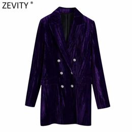 Zevity Women Vintage Notched Collar Diamond Double Breasted Velvet Mini Dress Femme Long Sleeve Chic Business Vestido DS4712 210603