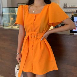 Fashion Square collar Summer Women's short Sleeve Jumpsuit High Waist Sashes single-breasted Romper Overalls Female 210518