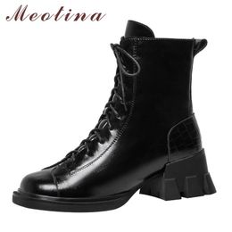 Genuine Leather Snow Boots Women High Heel Ankle Zip Square Toe Short Lace Up Chunky Ladies Shoes Black 210517