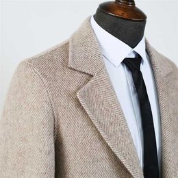 Double Woollen Warm Medium length coat for man Notched Collar Men's Winter French Business jacket Blue and Khaki Stripe Wool coat 211122