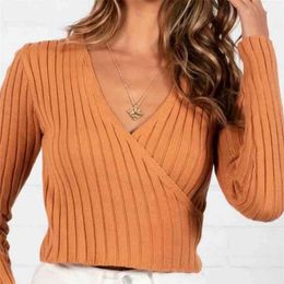 knitted ribbed orange cropped pullover femme v neck vintage short autumn winter long sleeve sweater jumper casual 210427