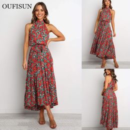 Oufisun Fashion Floral Print Dress Beach Wear Boho Maxi Women Sleeveless Halter Long es With Belt Summer Sundress 210517