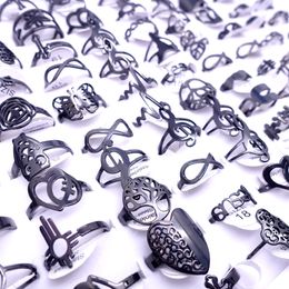 Wholesale 100pcs/Lot Mens Womens Stainless Steel Band Rings Black Plated Laser Cut Patterns Hollow Carved Flowers Mix Styles Fashion Jewellery Party Gift