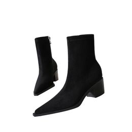 Black 5CM Heels Socks Boots Women Flock Fabric Elastic Thick Heel Square Toe Ankle Boots Shoes Woman Boats