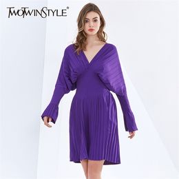 Vintage Pleated Dress For Women V Neck Flare Long Sleeve High Waist Ruched Mini Dresses Female Autumn Clothing 210520