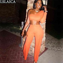 Fashion women two piece outfits long sleeve one shoulder solid Colour set top and pants plus size casual 210515
