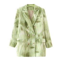 fashion women notched collar blazer office ladies gradient green print jackets casual female pocket suits girls chic 210430