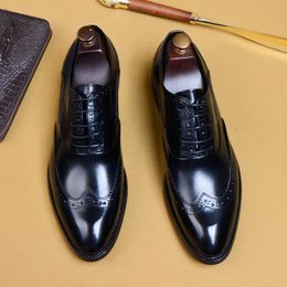 Lace Up Men Oxford Leather Dress Shoes Genuine Leather Business Wedding Shoes Round Head Men Formal Black Khaki Men Brogue Shoe