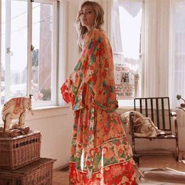 Women Chiffon Kimono Cardigan Floral Printed Long Sleeve Belt Casual Loose Long Outwear Thin Cover Ups Beachwear Plus Size 210323