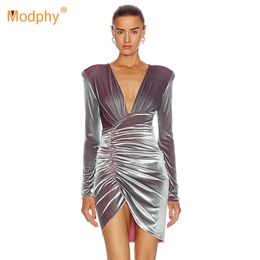 High Quality Winter Velvet Asymmetric Women'S Dress Sexy V-Neck Long Sleeves Pleated Bodycon Club Evening Party Mini Vestido 210527