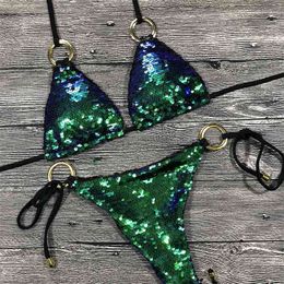 Solid Bikini Sexy Swimsuit Halter Swimwear Bathing Suit Women Bling Sequin Set Beach Wear Drop Monokini Glitter 210621