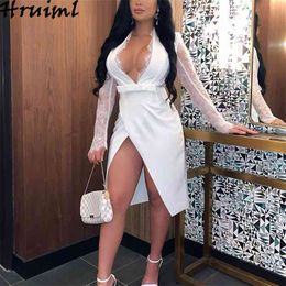 Sexy Dresses for Women Lace Patchwork Long Sleeve Deep V Neck Split Midi Fashion High Waist White Party Clubwear 210513