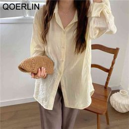 Chic Streetwear Tops Shirts Elegant Korean Loose Long Sleeve Sunscreen Basic Pleated Cardigan Blouse White 210601