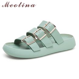 Meotina Slippers Shoes Women Natural Genuine Leather Sandals Buckle Flat Slides Round Toe Cow Leather Ladies Footwear Summer 210608