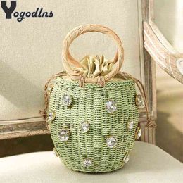 Shopping Bags Summer Round Rattan Handmade diamond Pearl Bohemian Straw Bucket Knitting Shoulder Crossbody Bead Beach Holiday Tote220307