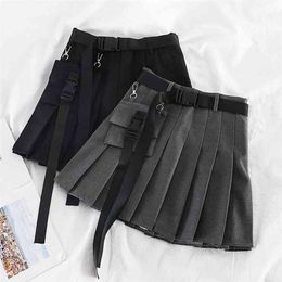 Women Skirt Mini Pleated Korean Fashion Summer Harajuku Hip Hop casual Jupe Belt Drop Vintage Plus Size Gothic Clothes 210708