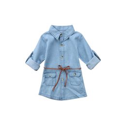 Fashion New Baby Girls Lovely Long Sleeve Turn-Down Collar Sashes Denim Knee-Length Princess Dress Outfit Autumn 2-7Y Q0716