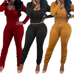 CM.YAYA Activewear Knitted Women's Set Long Sleeve Crop Tops Flare Stacked Pant Set Sporty Tracksuit Fitness Two Piece Outfits Y0625