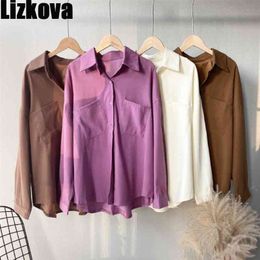 Lizkova White Pockets Blouse Women Long Sleeve Lapel Oversized Shirt Elegant Official Ladies Casual Tops 210323