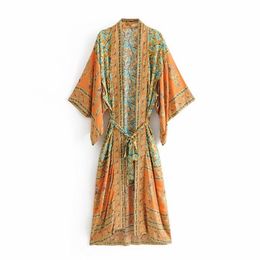 Fitshinling Print Floral Cotton Beach Kimono Belt Vintage Bohemian Slim Cover Up Swimwear Long Cardigan Sexy Flare Sleeve Covers 210714