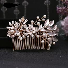 Headpieces Wedding Hair Comb Pearl Alloy Leaf Bridal Hair Combs Rose Gold Flower with Ornament Banquet