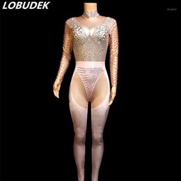 Women's Jumpsuits & Rompers Elastic Rhinestones Long Sleeve Skinny Jumpsuit Sexy Acrobatic Performance Leotard Stage Wear Nightclub Costume