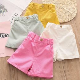 Summer Casual 2 3 4 5 6 7 8 9 10 Years High Waist Cute Solid Candy Color Cotton Denim Shorts For Kids Baby Girl 210529