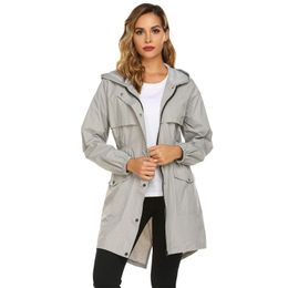 Women's Trench Coats Zipper Up Drawstring Hooded Rain Coat Long Jacket Women Autumn Sleeve Casual Streetwear Outerwear