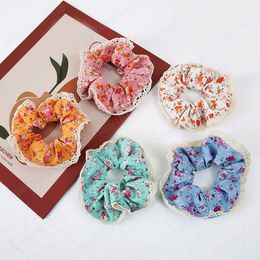 Sweet Flowers Lace Scrunchies Women Romantic Pink Blue Hair Rope Ties Hair Accessories Elastic HairBand