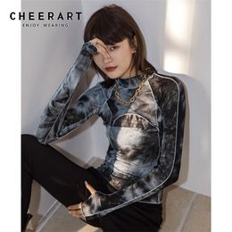 Tie Dye Grey Black Turtleneck Woman Tshirts Bodycon Long Sleeve Top Women Fall Fashion Tee Shirt Femme Clothing 210427