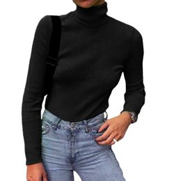 Neon Green Women Knit Shirts Ribbed Turtleneck Sweaters Long Sleeve Top Jumpers High Neck Winter Autumn Pullovers Elastic M0243 X0721