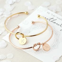 26 Alphabet A-z Disc Initial Letter Knot Bangle Bracelet for Women Girl Gold/ Rose Gold/silver Color Letter Bangle Q0719