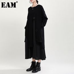 [EAM] Women Black False Two Irregular Long Dress Round Neck Long Sleeve Loose Fit Fashion Spring Autumn 1DD1563 21512