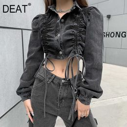 DEAT Spring Arrivals Solid Long Sleeve Lapel Fashion Loose Short Sexy Open Navel Denim Single Breasted Coat MZ025 210709