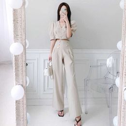 Summer Casual Women Suits Office Sets Two piece Suit puff sleeve short Crop Top And Pant For clothing Set 210529