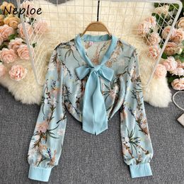 Neploe Lace Up Bow Collar Print Holiday Blouse Women Pullover Long Sleeve Ol Loose Blusas Spring Shirt Feminino 210510