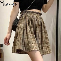 Harajuku Ruffled Plaid Pleated Skirt Women Summer Elastic High-Waisted Kawaii Mini Skirt Students Wild Short Skirts Clothing 210619