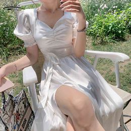 Puff Sleeve Casual Midi Dress Elegant Split V Neck Sexy Summer Party es Fairy Satin White Women Robe Femme 13261 210521