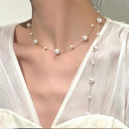 -Collares colgantes Minar coreano elegante imitación de las perlas largas para las mujeres y en forma de la cadena con cuentas con cuentas collar de joyería