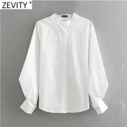 Zevity Women Fashion Stand Collar Lantern Sleeve White Blouse Office Ladies Casual Shirts Chic Chemise Blusas Tops LS7391 210603