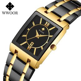 Relogio Masculino WWOOR Business Full Steel Mens Watches Top Brand Luxury Gold Black Quartz Date Watch Men Square Clock 210527