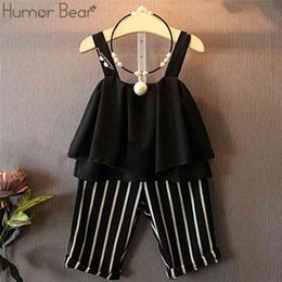 Humour Bear Kids Clothes Fashion Summer Girls Clothing Sets Fashion Chiffon Sling lothes+Striped Pants Girls Children Clothes 210326