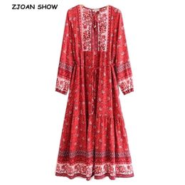 Bohemian Lacing up V neck Red Floral Long Dress BOHO Ethnic Woman Bell Waist Sleeve Tassel Holiday Dresses Beach 210429